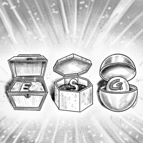 A grayscale illustration features three treasure chests with their lids open, each containing a letter. The first chest on the left holds the letter "E," the middle chest contains the letter "S," and the chest on the right has the letter "G." The background radiates light, emphasizing the importance of the letters E, S, and G, which stand for Environmental, Social, and Governance principles.