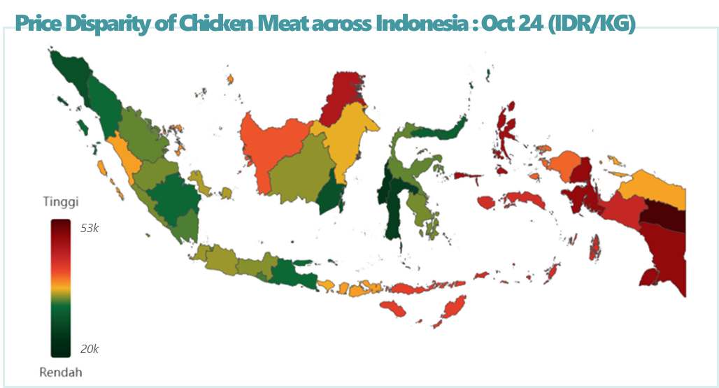 Map showing price disparity of chicken meat across Indonesia